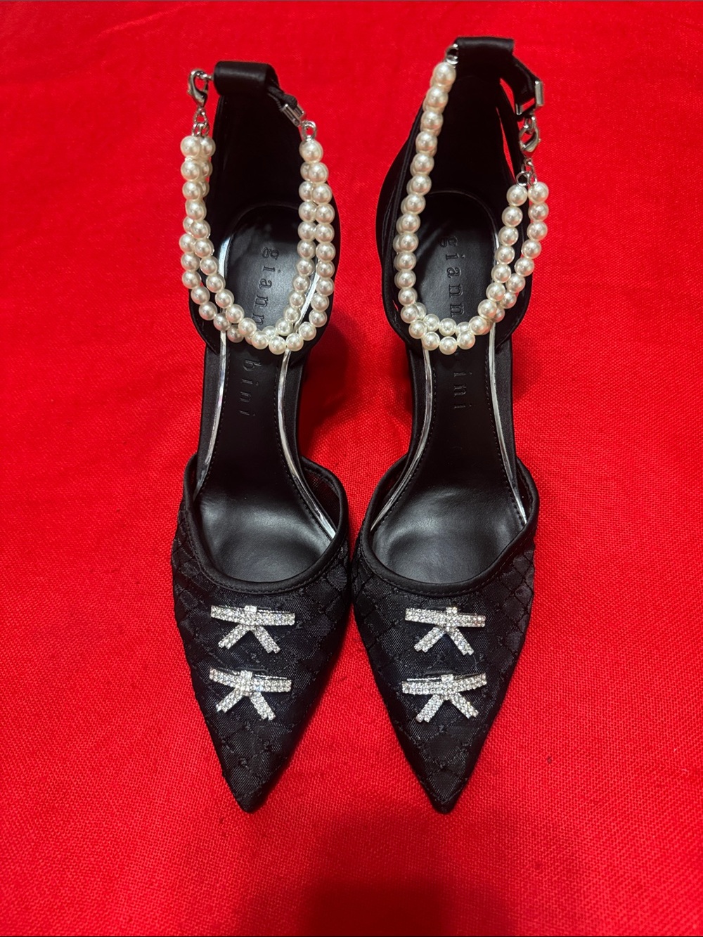 Gianni Bini Black Pointed Toe Sandals with Pearl Ankle Straps